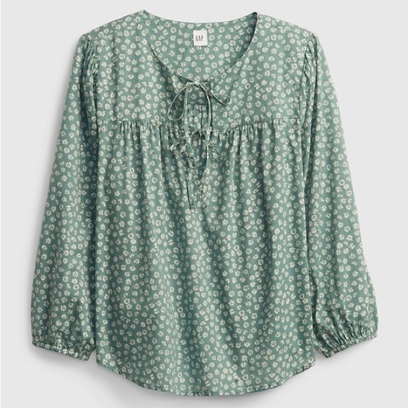 GAP Sage Green Floral and White Double Tie Front 3/4 Sleeve Peasant Blouse Top - Picture 1 of 9
